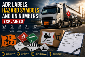 Etykiety ADR, symbole zagrożeń, tablice pomarańczowe i numery UN stosowane w transporcie towarów niebezpiecznych w Europie