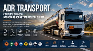 Ciężarówka w transporcie ADR przewożąca towary niebezpieczne na europejskiej autostradzie z pomarańczowymi tablicami i oznaczeniami bezpieczeństwa