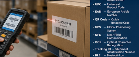 Pracownik magazynu skanujący tagi RFID i etykiety z kodami kreskowymi podczas zarządzania zapasami