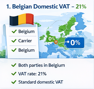 Mapa Belgii z trasami transportowymi pokazująca zastosowanie 21 procent krajowego VAT na fakturach ExusTrans