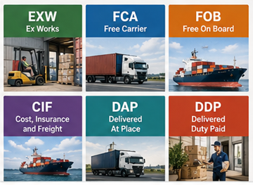 Przegląd najczęściej stosowanych Incoterms, w tym EXW, FOB, CIF, DDP i DAP w logistyce globalnej