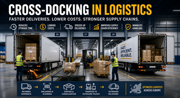 Magazyn cross-docking z ciężarówkami załadowującymi i rozładowującymi towary w nowoczesnym europejskim centrum logistycznym