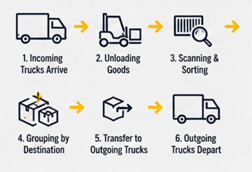 Schemat cross-dockingu z przyjeżdżającymi i wyjeżdżającymi ciężarówkami logistycznymi