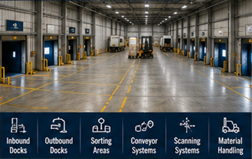 Terminal cross-docking z dokami przeładunkowymi, ciężarówkami i strefami sortowania