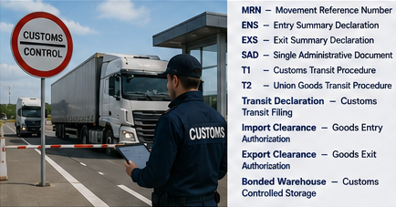 Proces odprawy celnej na granicy z dokumentami frachtowymi i skrótami dla operacji import-export