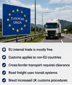 Europejskie ciężarówki przekraczające granice i realizujące procedury celne w operacjach logistycznych