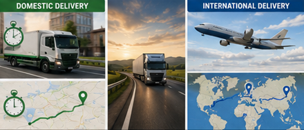 Porównanie czasów dostaw krajowych i międzynarodowych: ciężarówki logistyczne, samoloty, mapy i trasy transportowe