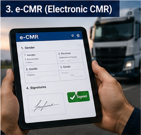 Kierowca korzystający z cyfrowego dokumentu e-CMR na tablecie podczas transportu logistycznego