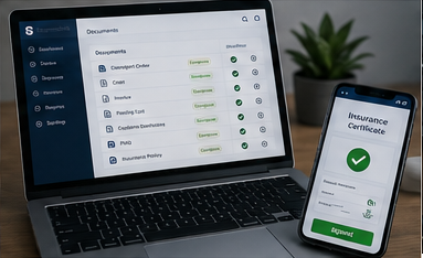 Cyfrowa platforma logistyczna pokazująca certyfikaty ubezpieczeniowe online oraz zarządzanie dokumentami transportowymi