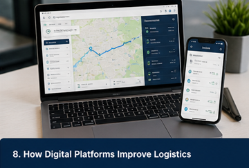 Panel platformy logistycznej pokazujący śledzenie, komunikację i zlecenia transportowe