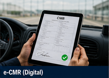 Kierowca używa tabletu do podpisania cyfrowego dokumentu CMR eCMR w systemie logistycznym