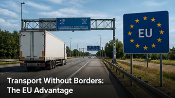 Ciężarówka przekraczająca europejską granicę bez odprawy celnej – jednolity rynek UE, swobodny przepływ towarów, autostrada w Europie