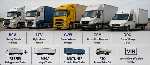 Różne europejskie pojazdy użytkowe do transportu: chłodnia, naczepa mega, naczepa firanka, furgon oraz pojazdy do przewozu na platformie