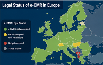 Mapa Europy pokazująca kraje, w których e-CMR jest prawnie akceptowany jako cyfrowy dokument transportowy