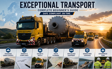 Ciężarówka w transporcie ponadnormatywnym przewożąca ponadgabarytowy ładunek przemysłowy po europejskiej autostradzie z pojazdami pilotującymi