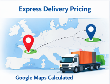 Trasa dostawy express na mapie Europy z ciężarówką oraz ceną transportu wyliczoną przez Google Maps