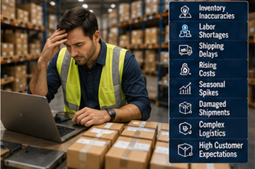 Zatłoczony magazyn fulfillment z opóźnieniami wysyłek i problemami z zapasami
