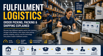 Nowoczesny magazyn fulfillment z pracownikami pakującymi zamówienia online i przygotowującymi wysyłki