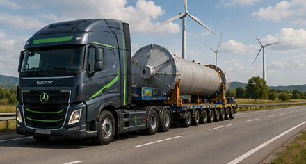 Nowoczesny konwój z ładunkiem ponadgabarytowym symbolizujący przyszłość europejskiego transportu ciężkiego