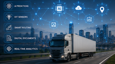 Przyszłościowa technologia logistyczna z AI do śledzenia przesyłek, inteligentnymi systemami transportu i cyfrową widocznością łańcucha dostaw