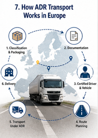 Europejski proces logistyczny ADR z trasą przewozu towarów niebezpiecznych i procedurami zgodności