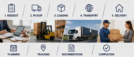 Proces transportu ładunków od odbioru do dostawy z operacjami logistycznymi i obsługą ładunku