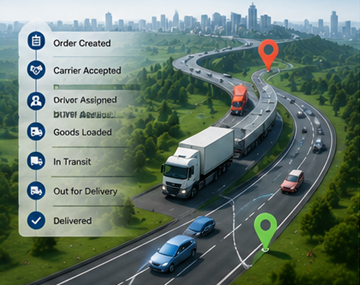 Nowoczesny proces śledzenia w logistyce pokazujący śledzenie ciężarówki GPS, cyfrowe systemy transportowe i aktualizacje przesyłek