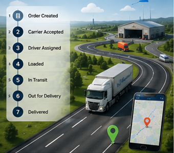 Cyfrowy proces logistyczny pokazujący śledzenie przesyłek, trasy GPS i aktualizacje statusu transportu