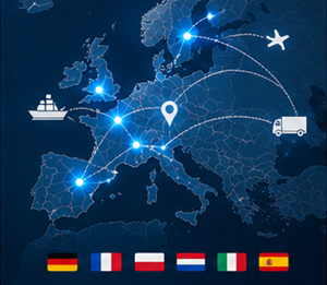Śledzenie transportu międzynarodowego przez kraje europejskie z trasami logistycznymi i operacjami celnymi