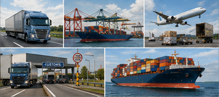 Międzynarodowy transport ładunków: ciężarówki na granicy, statki towarowe, cło i globalne operacje logistyczne