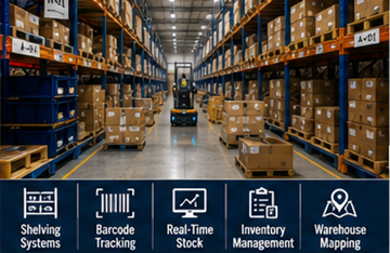Duże centrum fulfillment składuje zapasy e-commerce na regałach magazynowych