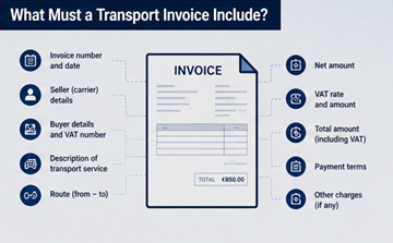 Pola dokumentu faktury, w tym dane firmy, numer VAT, koszty transportu i informacje o przesyłce