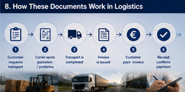 Proces logistyczny pokazujący ofertę/wycenę, fakturę, paragon i obsługę płatności na platformie transportowej