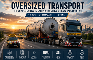 Konwój transportu ponadgabarytowego przewożący ładunek nienormatywny na europejskiej autostradzie o zachodzie słońca