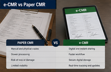 Porównanie papierowego dokumentu CMR i cyfrowego e-CMR na tablecie, pokazujące nowoczesną transformację logistyki