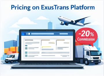 Panel platformy ExusTrans z opcjami transportu express, stałej ceny i dystrybucji oraz systemem 20-procentowej prowizji
