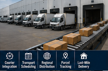 Samochody dostawcze ładują przesyłki z magazynu fulfillment