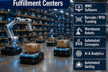 Zautomatyzowane centrum fulfillment wykorzystujące robotykę, oprogramowanie magazynowe i systemy logistyczne AI
