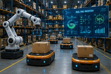 Magazyn smart z robotyką, automatyzacją i cyfrowymi systemami zarządzania zapasami
