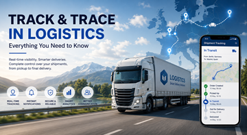 Nowoczesny system track and trace w logistyce pokazujący widoczność przesyłek, śledzenie GPS ciężarówek i monitorowanie dostaw w czasie rzeczywistym w całej Europie