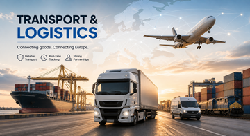 Proces transportu i logistyki pokazujący ciężarówki, magazyny i przepływ towarów w łańcuchu dostaw w Europie