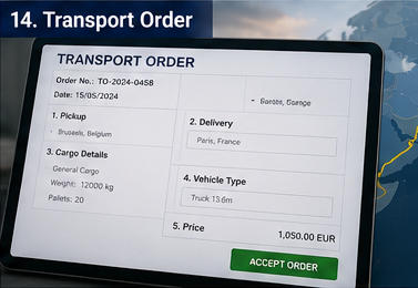Cyfrowe zlecenie transportowe z danymi przesyłki, trasą i przypisaniem pojazdu w platformie logistycznej