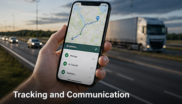 Śledzenie GPS w transporcie – ciężarówka, platforma logistyczna w czasie rzeczywistym, komunikacja kierowca–klient
