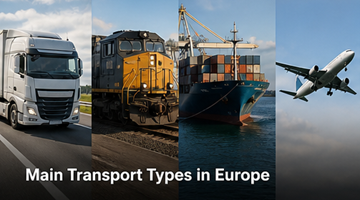 Różne rodzaje transportu w Europie: ciężarówka, bus, statek kontenerowy, pociąg towarowy – porównanie logistyki