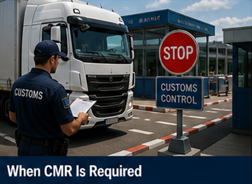 Ciężarówka na granicy europejskiej, kierowca okazuje dokumenty transportowe, w tym CMR