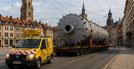 Transport ładunku ponadgabarytowego poruszający się wąskimi ulicami europejskiego miasta