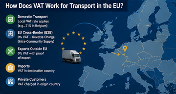 Koncepcja VAT w Europie dla usług transportowych, pokazująca logistykę transgraniczną i zasady podatkowe