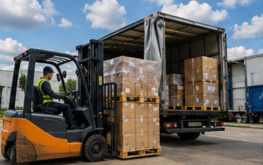 Transport paletowy ze spiętrzonymi paletami, wózkami widłowymi, ciężarówkami logistycznymi i operacjami frachtowymi w magazynie