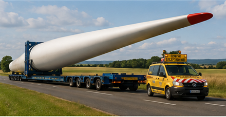Łopaty turbin wiatrowych i sprzęt energii odnawialnej transportowane zestawami do przewozów ciężkich