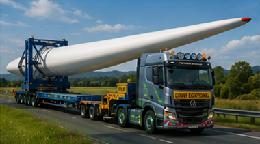Specjalistyczna naczepa przewożąca łopatę turbiny wiatrowej przez Europę